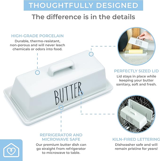 Heartland Home Porcelain Covered Butter Dish with Lid for Countertop (Lid with Handle). 7.6" x 3.8" Butter Holder Container for One Stick of Butter. Textured Tray Butter Keeper for Non Slip Storage