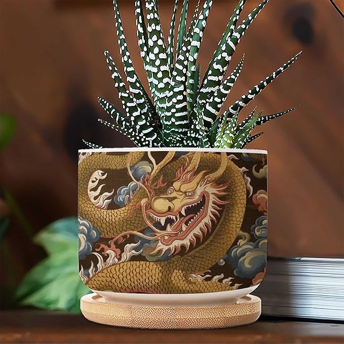3 Piece Ceramics Plant Pot Antique Chinoiserie Dragon Small Pot for Flowers Dragon Gold Oriental Style Asian Flower Pot for Indoor Chinoiserie Plant Pot with Drainage Bamboo Trays