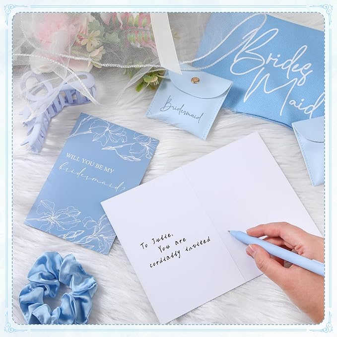 42 Pcs 6 Sets Wedding Favors Bridesmaid Proposal Gifts Maid of Honor Ceramic Coffee Cups Cosmetic Makeup Bags Invited Cards Scrunchies Knotted Bracelets Jewelry Bags Hair Claw Clips(Blue)
