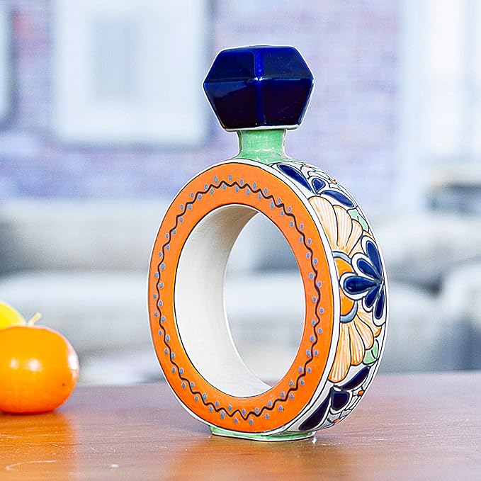 NOVICA Artisan Handmade Ceramic Tequila Decanter - Blue Orange Ring Shape Multicolor Mexico Tableware Drinkware Pitchers - Talavera Floral [16 Oz., 9.75in H x 7.75in W x 2.4in D]