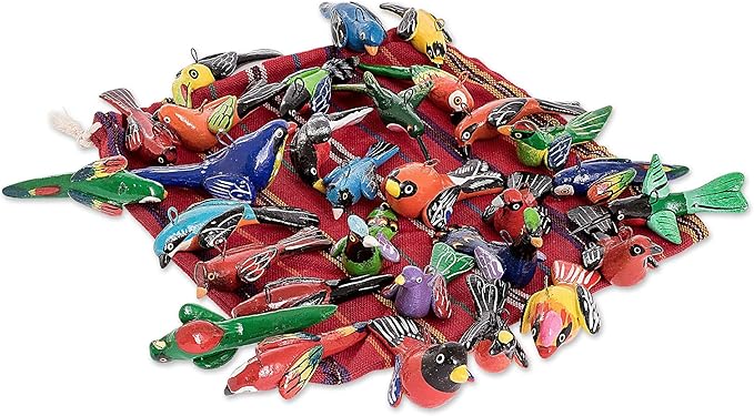NOVICA Artisan Handcrafted Ceramic Mini Ornaments Bird Set of 30 Assorted Multicolor Guatemala Holiday Decor Animal Themed Christmas Painted [largest Piece 1.1in H x 1.3in W x 2.7in D Smallest Piece ]