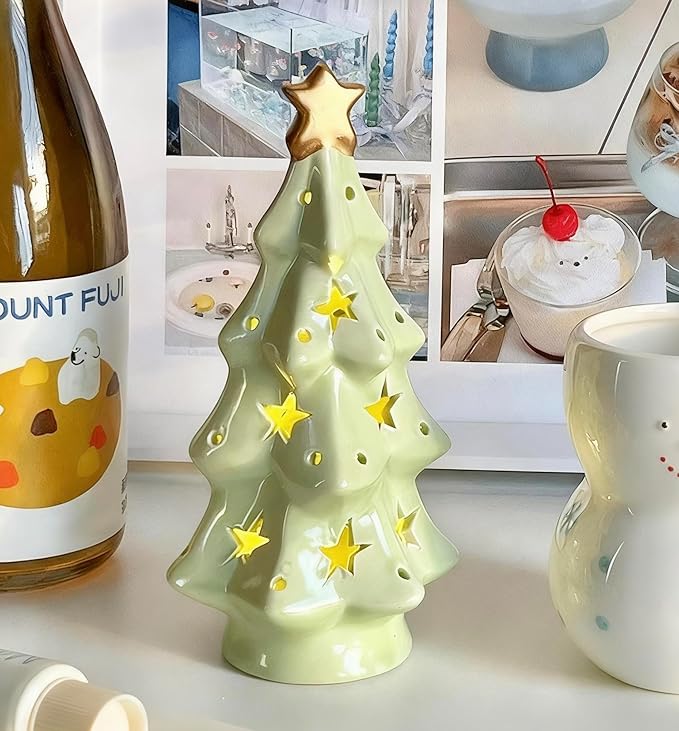 Ceramic Christmas Tree with Lights, Star-Shaped Hollowed-Out Design Tabletop Holiday Tree, Star Topper, Christmas Decor(7in)