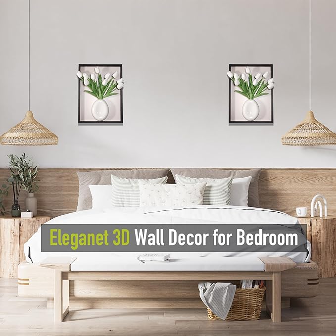 yimido 3D Wall Art Vase with Ceramic Planter, Wooden Framed Wall Decor for Flowers & Decorative Plants, Hanging Wall Vase with Faux Tulips, Modern Black Picture Frame for Living Room Bedroom