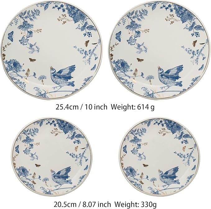 Porcelain Floral Plates Ceramic 8 Inch & 10 Inch Ceramic Plates 4 Pieces, Dessert Plate Blue and White, Salad Plate Set, Floral Dinnerware Set for Kitchen, Dinner Plate for Cake Snacks Side Dish