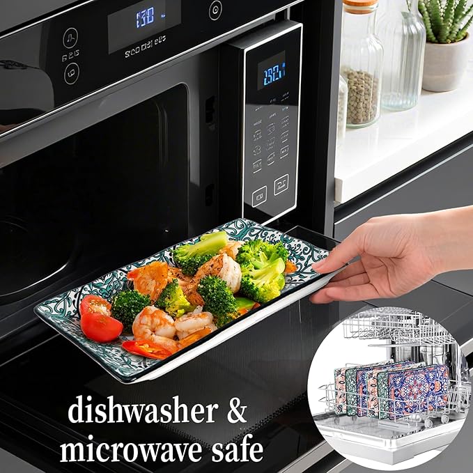 Goaste 6 Pack Ceramic Rectangular Dessert Plates, 8.5 Inch Colorful Salad Plates Set, Porcelain Serving Platter Trays for Appetizer, Sushi, Fruit, Cake, Microwave Oven Dishwasher Safe, Assorted Colors