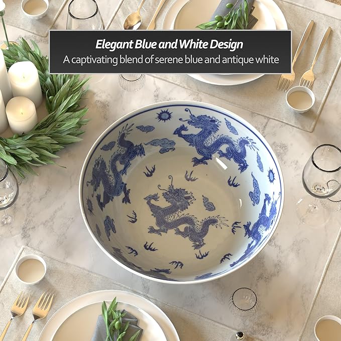 Red Lantern 14" Dragon Blue & White Porcelain Bowl Vase for Centerpiece in Kitchen Dining Living Room Bedroom with Boho Eclectic Modern Contemporary Classic Traditional Style Decor