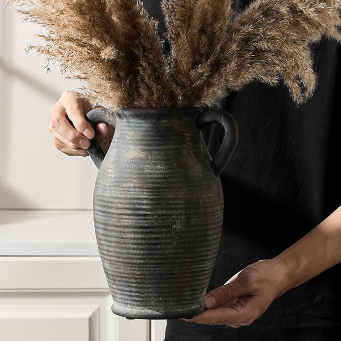 Emotionally Grounded Vase, Vaseking Large Ceramic Rustic Vase with 2 Handles, 9.8 inch Minimalist Decorative Farmhouse Tall Vases for Home Decor, Living Room, Enterway, Table Decoration, Bronze
