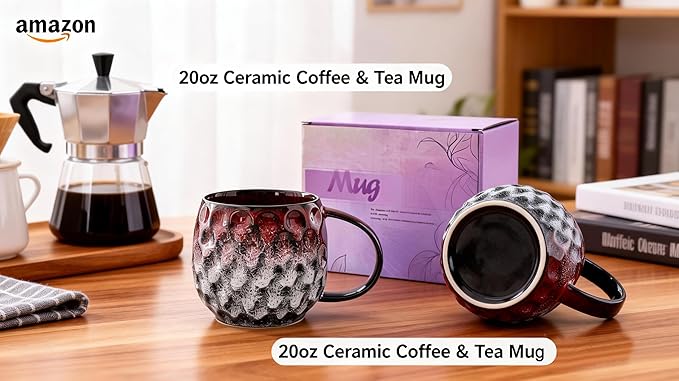 20oz Large handle Ceramic Coffee Mug, Handmade Glaze Color Changing Mug with Easy-Grip Handle, Unique Handcrafted Tea Cup for Home, Office, Gift Giving (red)