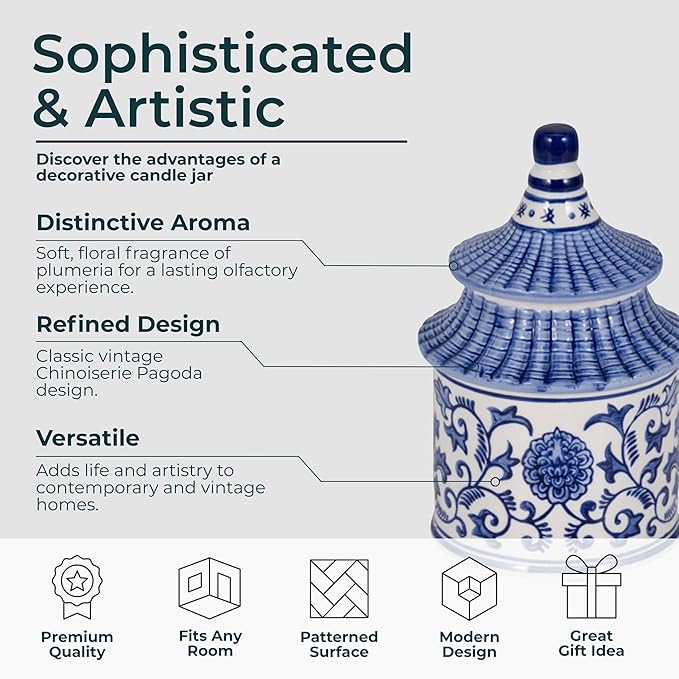 Plumeria Chinoiserie Candle Holder Jar – Pagoda-Inspired Decorative Taper Candle Holders – Elegant Office & Home Decor Accents for Living Room & Bedroom – 5"x8", Blue & White