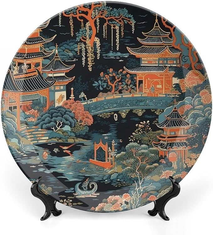 Chinoiserie Charcoal Coral Pagoda Asian Fashion Plates, Asian Scenic Pagoda Design Collector Plates for Display Wedding Office Decor, with Display Stand And Hook Up Art Decorations for Club Household