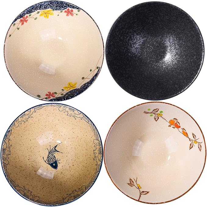 Japanese Retro Ramen Bowls Set of 4 Color Large 8 Inch Ceramic Bowl for Pho Dessert Snack Cereal Soup Noodle and Rice