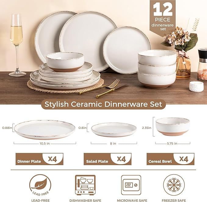 AmorArc Ceramic Dinnerware Sets for 4, 12 Pieces Handpainted Plates and Bowls Set with Rustic Terracotta Underside, Scratch Resistant Stoneware Dishes Set, Dishwasher & Microwave Safe, Beige