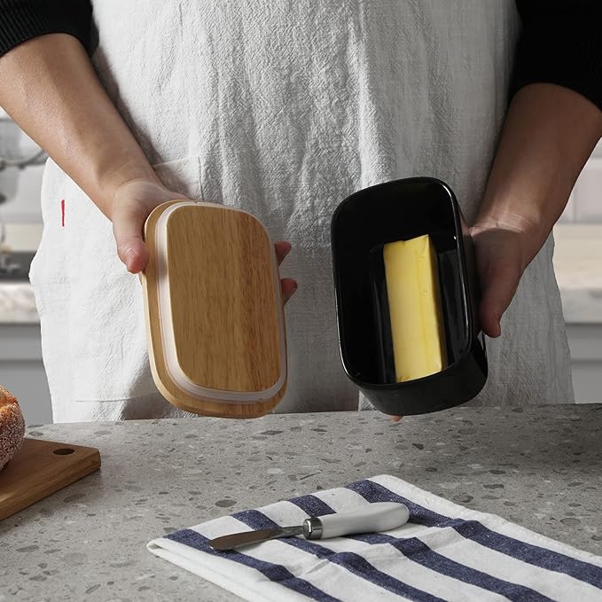GDCZ Large Ceramic Butter Dish for Countertop Butter Keeper with Silicone Sealing, Natural Wooden Lid and Stainless Steel Knife, Kitchen Decor and Accessories for Kitchen Gifts (Black)
