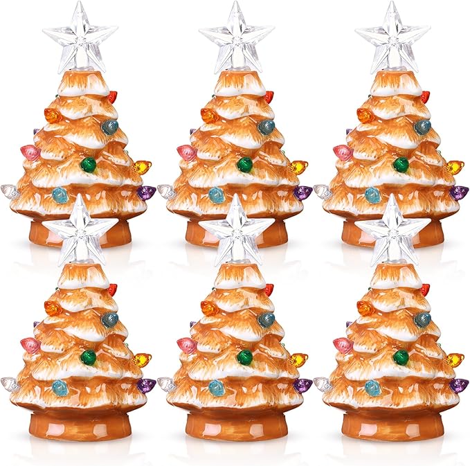 Leinuosen 6 Set Mini 4 Inch Ceramic Christmas Tree with Multicolored Lights Xmas Tree Hanging Light up Ornaments Pre Lit Hand Painted for Tabletop Home Office Table Holiday Decorations(Khaki,Star)