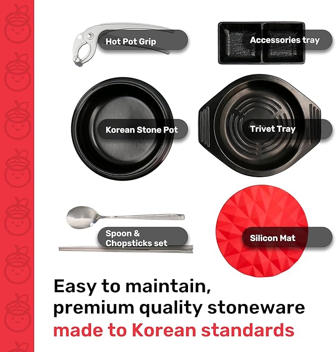 Korean Stone Pot Set (7-piece, 38.7oz with Hot Pot Grip), Ttukbaegi, Dolsot, Korean Soup Bowl, Ceramic Pots for Cooking, Soup Pot, Earthenware Claypot, Bibimbap, Ramen