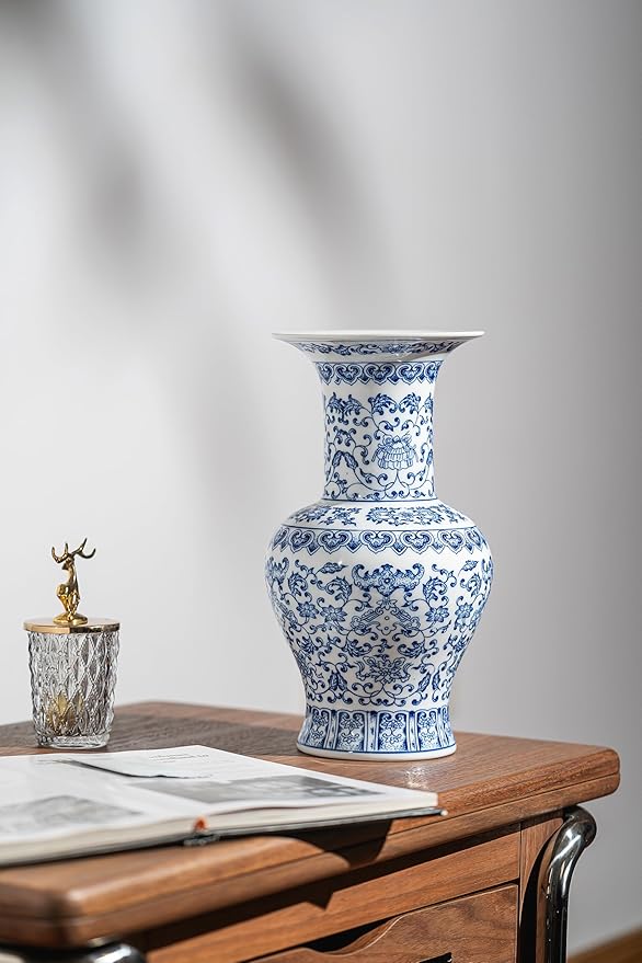 Vintage Blue and White Porcelain Vase, Chinoiserie Ginger Jar Vase for Home Decor, Flower Vase for Tabletop, 12" H