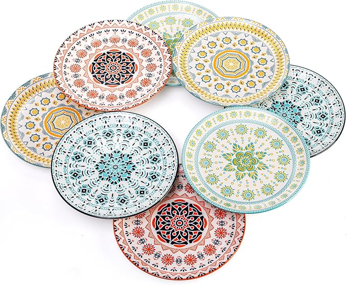 Foraineam 8 Pieces 8 Inch Round Porcelain Salad Plates, Decorative Appetizer Plates Dessert Dishes, Colorful Floral Serving Dishes for Luncheon, Steak, Fruit, Snack, Microwave and Dishwasher Safe