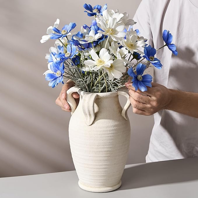 Emotionally Grounded Vase, Vaseking Large Ceramic Rustic Vase with 4 Handles, 10.83 inch Minimalist Decorative Farmhouse Tall Vases for Home Decor, Living Room, Enterway, Table Decoration, White
