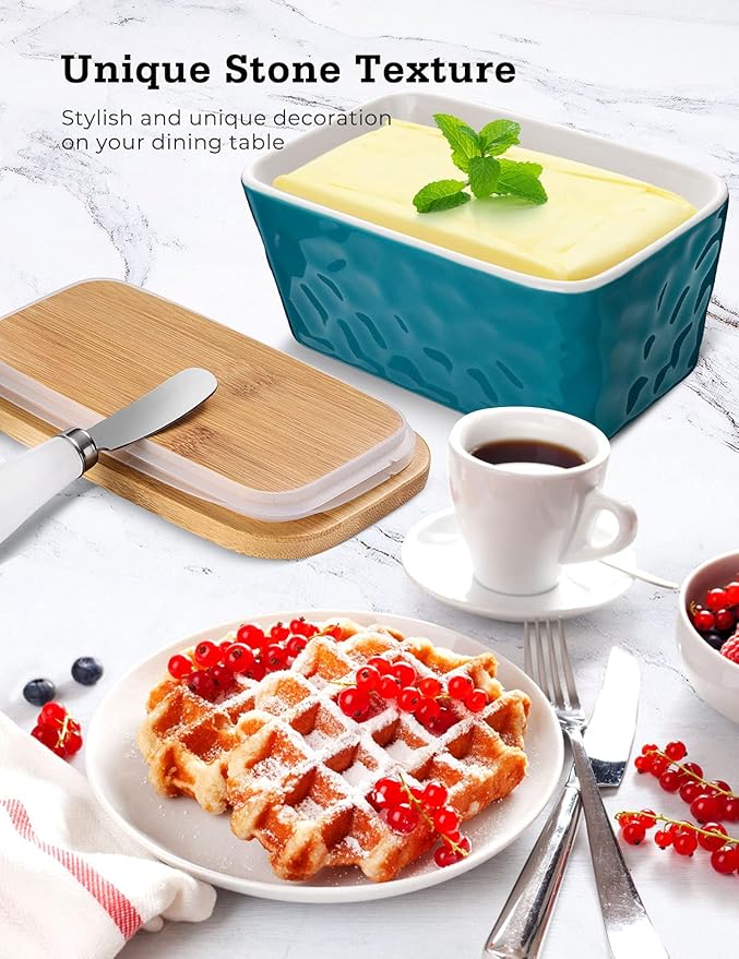 Butter Dish with Lid: Large Butter Dish for Countertop - Ceramic Butter Container with Knife Double Silicone Seal - Unique Stone Butter Dishes with Covers for Farmhouse Kitchen Decor Home Decor Green