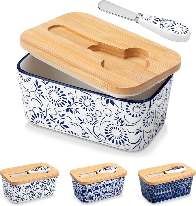 vancasso SELENE Butter Dish with Lid, 6.5" Large Butter Dish for Countertop, Ceramic Butter Keeper Container with Knife and Bamboo Lid, Floral Bloom Pattern