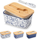 vancasso SELENE Butter Dish with Lid, 6.5" Large Butter Dish for Countertop, Ceramic Butter Keeper Container with Knife and Bamboo Lid, Floral Bloom Pattern