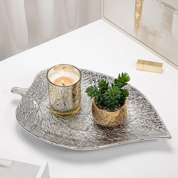 Oversized Leaf-Shaped Ceramic Jewelry Tray, 14.7" Extra Large Decorative Tray Silver Vanity Trays for Rings, Necklaces, Keys, Gifts for Mom, Coffee Table & Entryway Table Trays, 1 Pack