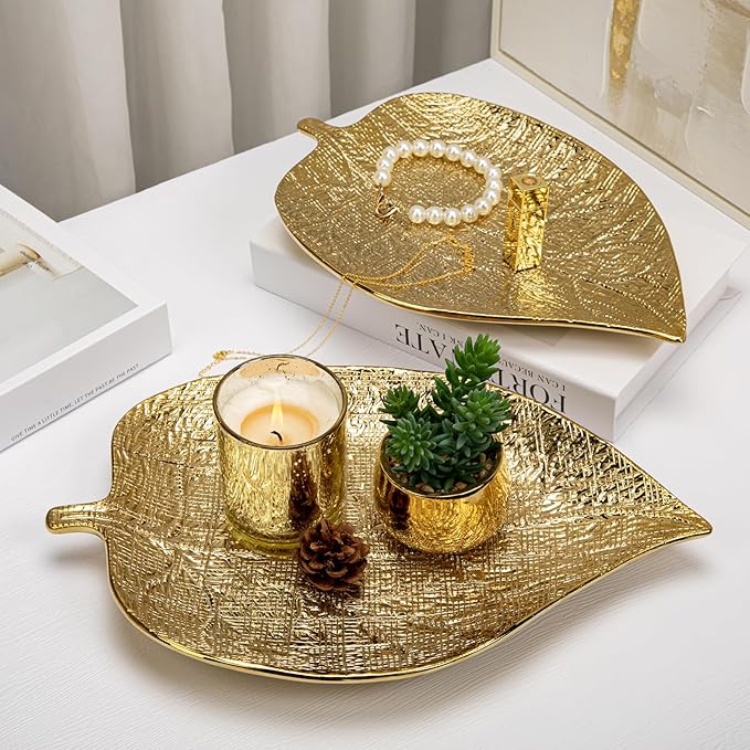 Oversized Leaf-Shaped Ceramic Jewelry Tray Set of 2, Extra Large Decorative Tray Gold Vanity Trays for Rings, Necklaces, Keys, Gifts for Mom, Coffee Table Decor, Entryway Table Trays