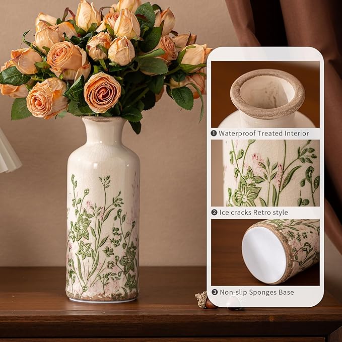Vintage Floral Pitcher Vase with Handle, Ceramic Farmhouse Flower Vase French Country Decor, Rustic Table Centerpiece, Grand Millennial Tuscan Home Decor for Living Room, Bookshelf (Pink-008)