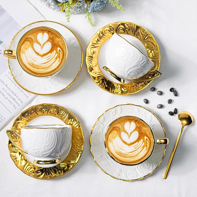 Cappuccino Cups with Saucers Set of 6, 7 OZ Ceramic Coffee Cup Set, Double Espresso Cups with Gold Trim Raised Floral Motif Tea Cup and Saucer Set for Latte, Cafe, Valentine's Day Gifts