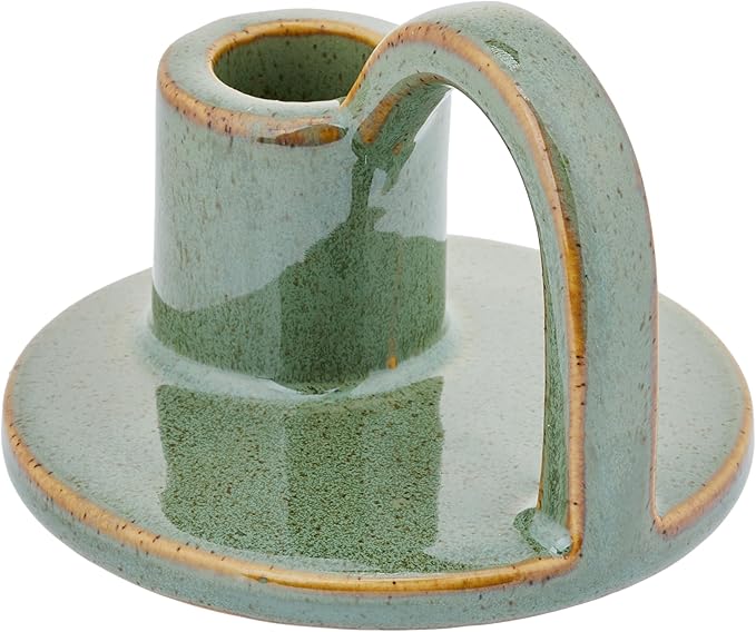 Ceramic Taper Candle Holders with Handle (Set of 2) – Tall Candlestick Holders for Table Decor Centerpieces, Rustic Home Décor, and Dinner Table Styling Avocado Green