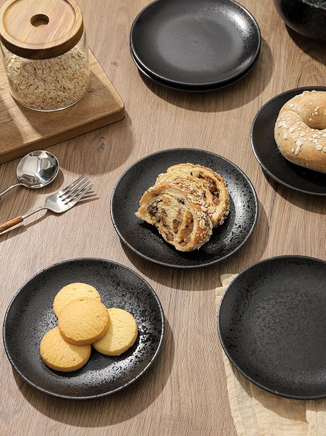 Kanwone Ceramic Dessert Plates Set of 6, Small Salad Plates 6 Inch Appetizer DIshes for Kitchen, Mini Dinner Plates for Cake Snacks Side Dish, Microwave, Oven and Dishwasher Safe, Black Glazed