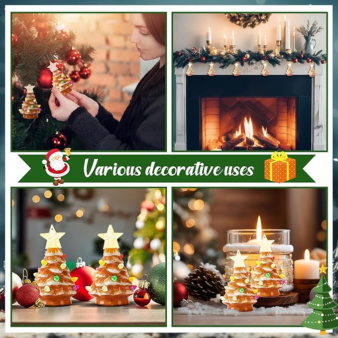 Leinuosen 6 Set Mini 4 Inch Ceramic Christmas Tree with Multicolored Lights Xmas Tree Hanging Light up Ornaments Pre Lit Hand Painted for Tabletop Home Office Table Holiday Decorations(Khaki,Star)