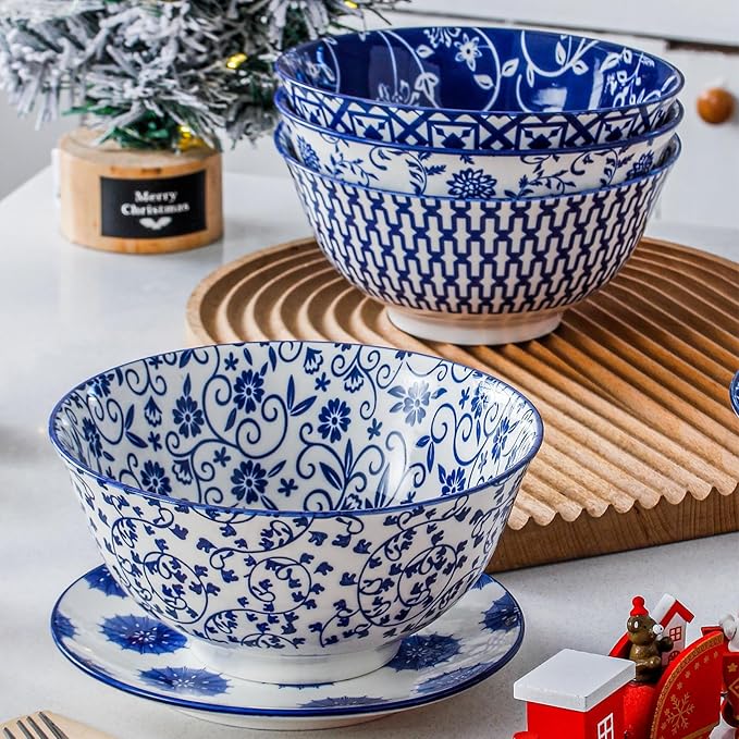 Ceramic Soup Bowls Set - 24 Oz Porcelain Deep Cereal Bowl - 6 Inch Large Dinner Bowl Kitchen Eating Pasta Salad Rice Oatmeal Noodle Snack - Microwave Dishwasher Safe - Set of 6 - Vintage Blue