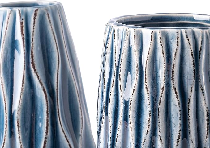 VICTOR & TERESA Ceramic Vase for Flowers, 10'' Set of 2 Decorative Blue Vases for Home Decor, Farmhouse Vases for Pampas Grass, Table, Mantel, Living Room, Shelf, Centerpieces, Gifts for Mom