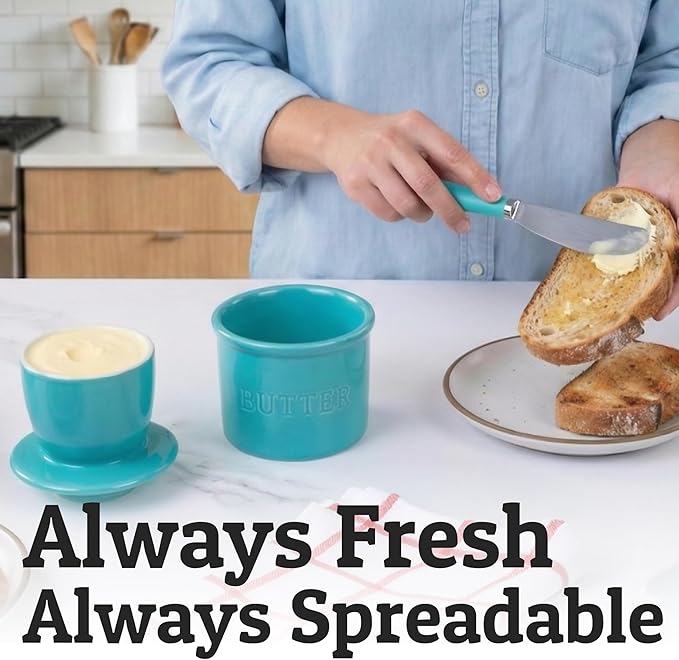 PriorityChef Butter Crock with Lid with Water Line, Ceramic French Butter Dish to Leave On Counter, Turquoise