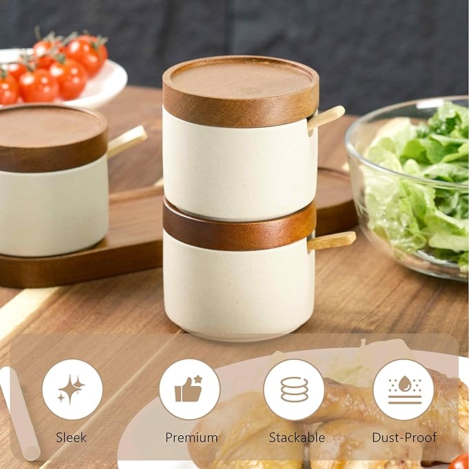 3-Pack Ceramic Spice Jars with Spoons & Acacia Wood Lid - Sugar Container, Salt and Seasoning Containers on Wooden Tray for Kitchen, Dining Table, Coffee Bar