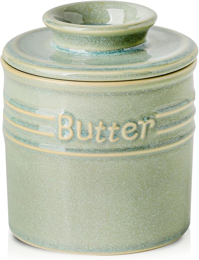 HVH Ceramic Butter Crock with Water Line, French Butter Dish with Lid for Countertop, Butter Keeper for Counter, Butter Holder for Soft Butter (Turquoise, 4 x 4)