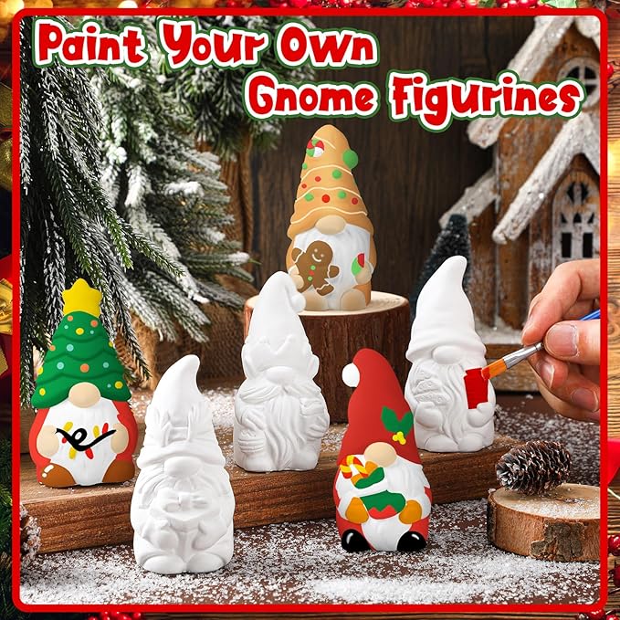 Eersida 6 Sets Gnome Ceramics to Paint Pumpkin Ready to Paint Your Own Ceramic Gnome Statues DIY Unpainted Ceramics Paintable Figurines Kit Crafts with Brush Palette(Christmas)
