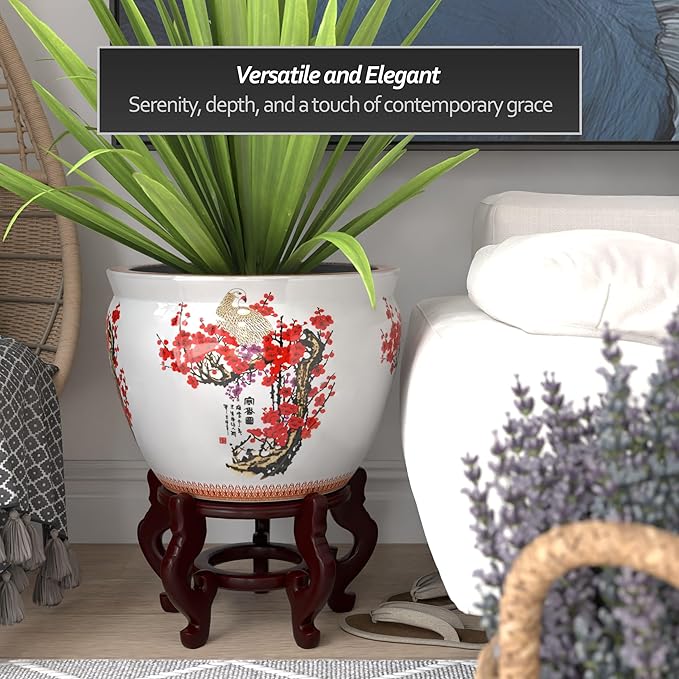 Red Lantern Large 18" Porcelain Fishbowl Cherry Blossom Planter