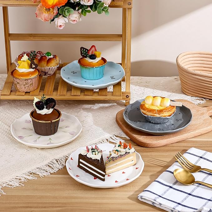 Koythin Ceramic Dessert Plates, Cute Fruits Dinner Plate, Creative Plates Design, Printed Flowers Dinnerware for Office and Home, Kitchen Plates for Desserts (Small Love)
