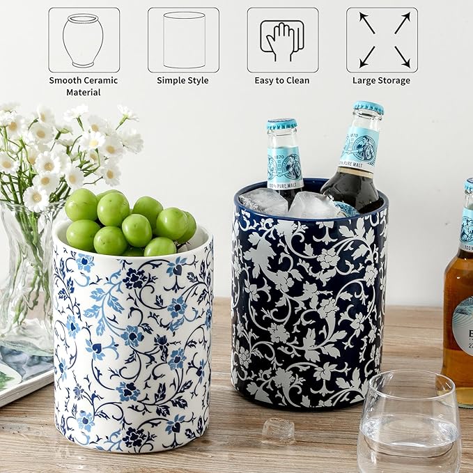Kitchen Utensil Holder, Large Utensil Holders for Countertop, Blue and White utensil Crock for Tools, Ceramic Spatula Holder Kitchen Decor, Apartment Essentials（7.2in×6.2in）