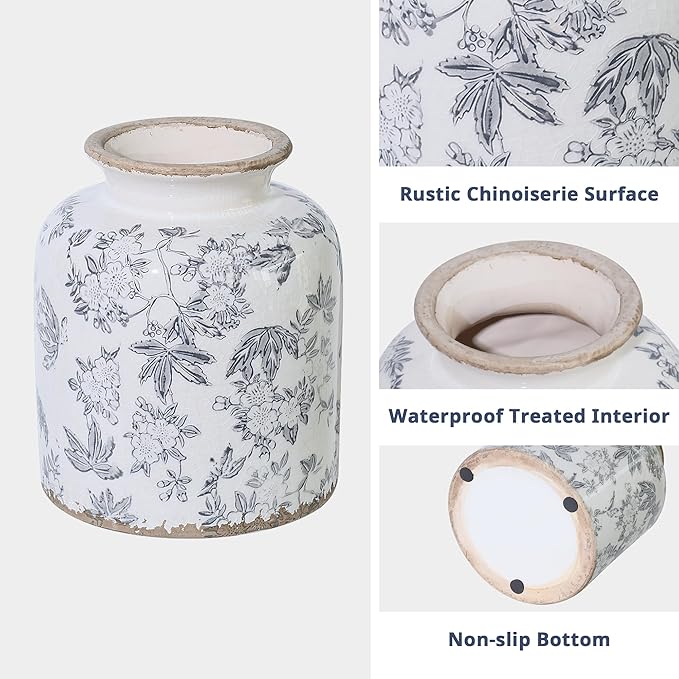 Gray Peach Blossom Chinoiserie Vase, 6.2” Crackle Glaze Ceramic Vase, Hand-Painted Vintage Floral Vase with Distressed Rim, Antique Style Decor for Bookshelf, Tabletop (Gray, 6.2”)