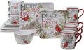 Evergreen Christmas 16-Piece Dinnerware Set – Ceramic Holiday Plates, Bowls & Mugs with Cardinal & Script Design – Service for 4 – Festive Dining for Christmas Gatherings