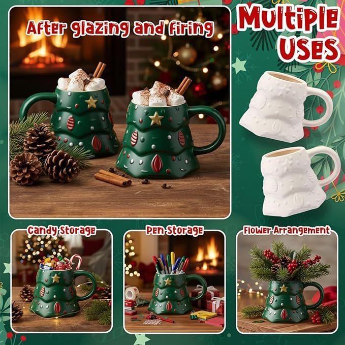 Zubebe 4 Sets Christmas Paint Your Own Mugs Craft Kit, Xmas Ceramic to Paint, Christmas Tree DIY Mugs for Adults, Festive Coffee Tea Cup for Adults with Painting Set for Xmas Craft Family Gift