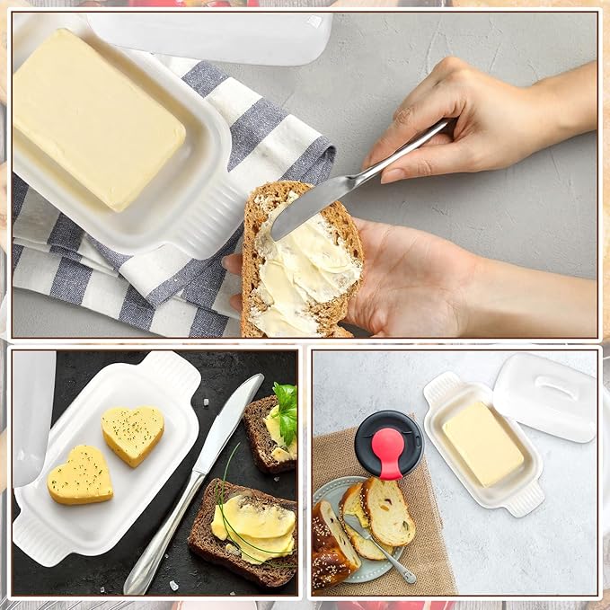 Qinyoung Ceramic Butter Dish with Lid for Countertop Extra Large Elegant Butter Dish Tray with Handle Durable Heavyweight Glazed Ceramic Kitchen Container Keeper Non-slip Base Minimalist(White)