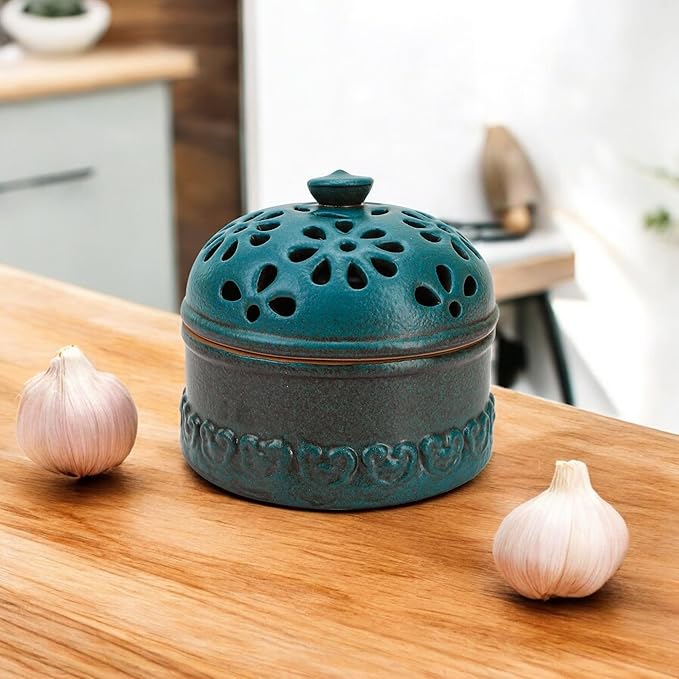 Peacock Blue Garlic Keeper for Counter Small, Ceramic Storage Jar & Garlic Holder for Friends Who Like Cooking, Garlic Container Saver for Kitchen, Keep Your Garlic Cloves Fresh Longer, 3-Inch