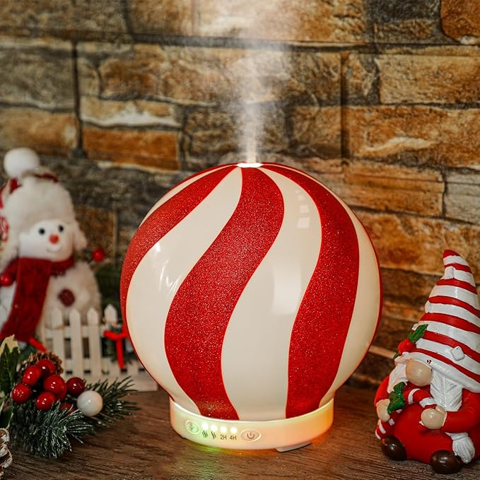 Christmas Essential Oil Diffuser Gift, 120ml Cute Ceramic Candy Cane Aromatherapy Humidifier, Holiday Xmas Home Table Decor, Peppermint Decoration for Home Office, Christmas Stocking Stuffer