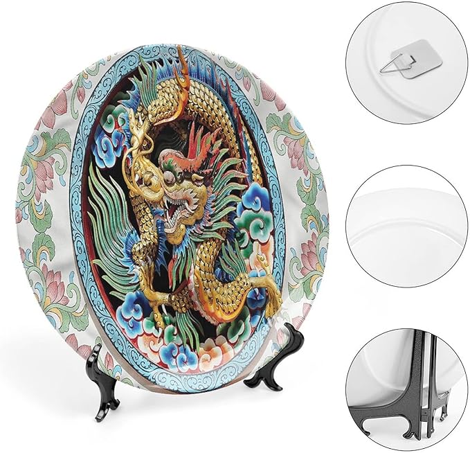 XISUNYA 10 Inch Decorative Plate, Dragon Porcelain Plate, Ancient Chinese Animal Motif Print Ceramic Wall Hanging for Fine Dining for Upscale Events, Dinner Parties, Weddings, Catering
