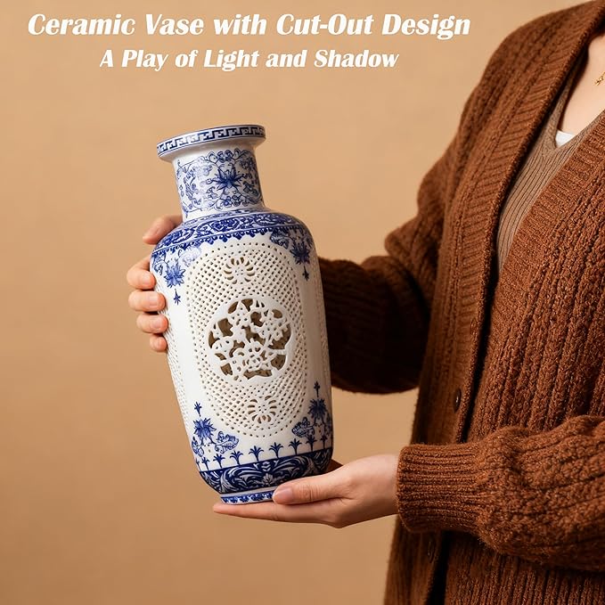 Blue White Flower Vase - 11.42 Inch Hollow Out Ceramic Vase, Vintage Chinese Style Home Decor, Handcrafted Blue White Porcelain Centerpiece for Living Room Table Shelf (Blue and White)
