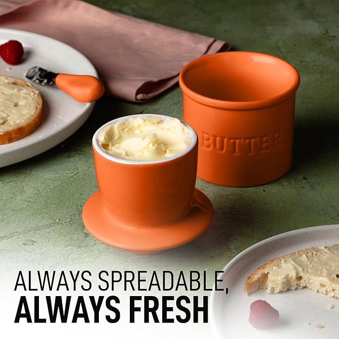 Zulay Kitchen Bell Shaped Butter Crock with Lid for Countertop with Water Line & Spreader Knife, Ceramic French Butter Dish Keeper For Fresh, Soft & Spreadable Butter - Orange